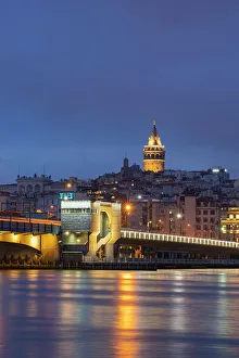Turkiye Prints: Galata Bridge and Galata Tower at twilight, Beyoglu District, Istanbul Province, Turkey