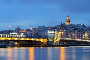 Turkiye Prints: Galata Bridge and Galata Tower at twilight, Beyoglu District, Istanbul Province, Turkey
