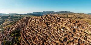 Gangi, Palermo province, Sicily, Italy. Aerial cityscape at sunset
