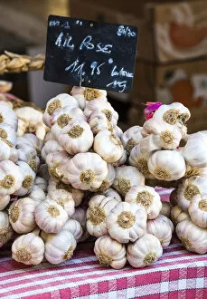 Stall Gallery: Garlic on sale at the outdoor market, Limousin, France