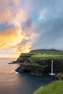 Gasadalur waterfall at sunset, Vagar, Faroe Islands