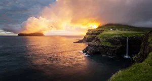 Gasadalur waterfall at sunset, Vagar, Faroe Islands