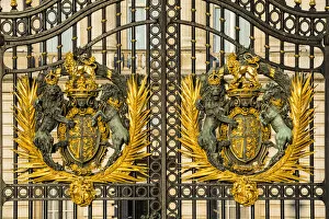 Detail of gates in front of Buckingham Palace, London, England, UK
