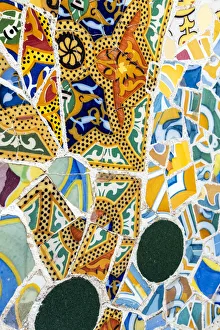 Detail of Gaudais mosaic work in the bench at Park Guell, Barcelona, Catalonia
