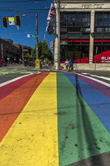 Gay-themed rainbow crosswalk in Capitol Hill district, Seattle, Washington, USA
