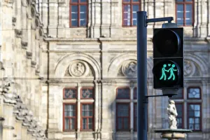 Crossing Prints: Gay-themed traffic light, Vienna, Austria