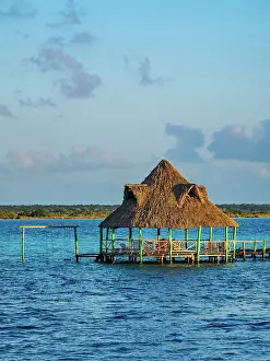 Yucatan Prints: Gazebo at the Bacalar Lagoon at sunset, Bacalar, Quintana Roo State, Mexico