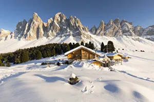 the Geisleralm Hut in Villnössertal with the Geisler in the background, Bolzano province, South Tyrol, Trentino Alto Adige, Italy