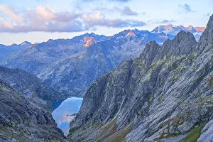 Alpen Prints: Gelmer lake seen at dawn from Gelmer hut, Urner Alps, canton Berne, Switzerland