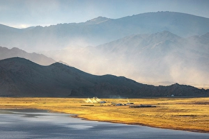 Mongolia Prints: Ger camp on the shore of Tolbo Lake, Western Mongolia, Asia