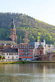 Germany, Baden-WAorttemberg, Heidelberg. Alte Brucke (old bridge) and buildings in