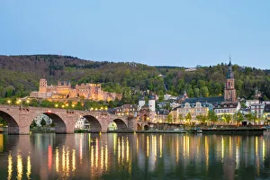 Germany, Baden-WAorttemberg, Heidelberg. Alte Brucke (old bridge) and buildings in