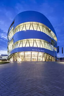 Automobile Gallery: Germany, Baden-Wurttemburg, Stuttgart-Unter-Turkheim, Mercedes-Benz Museum building, dawn