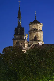 Germany, Baden-Wurttemburg, Stuttgart, Schillerplatz towers, evening