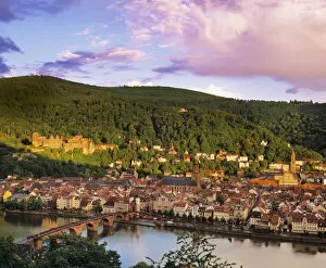 Germany, Bavaria, Heidelberg; Overview of Alte Brucke and the River Neckar