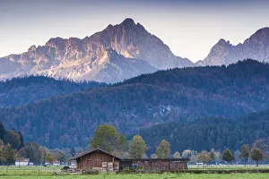 Germany, Bavaria, Hohenschwangau, landscape with the Tannheimer Mountains, dawn