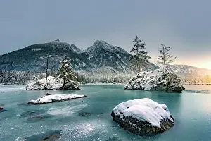 Mount Prints: Germany, Bavaria, Lake Hintersee frozen in winter against Hochkalter, Berchtesgaden Alps