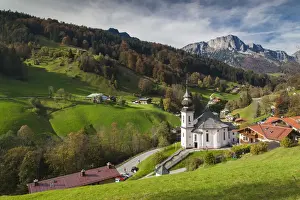 Bavarian Prints: Germany, Bavaria, Maria Gern, Maria Gern village church, elevated view, fall