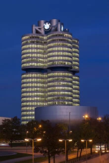 Germany, Bavaria, Munich, BMW company headquarters and BMW Museum, dusk