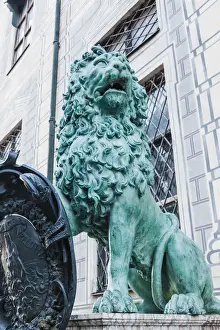 Munchen Prints: Germany, Bavaria, Munich, Lion Statue at The Residence Entrance