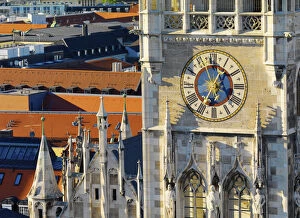 Images Dated 24th November 2011: Germany, Bavaria; Munich; Marienplatz; Close-up of clock on Town hall (Rathaus)