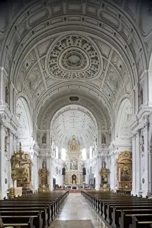 Nave Prints: Germany, Bavaria, Munich. The nave of Michaelskirche has an ornate and impressive barrel vaulted roof