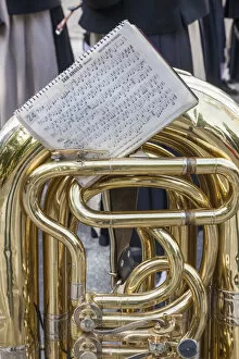 Germany, Bavaria, Munich, Oktoberfest Parade, Detail of Sheet Music and Brass Instrument