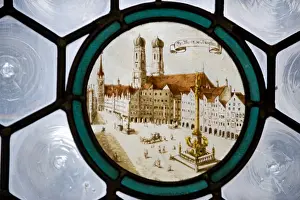 Frauenkirche Prints: Germany, Bavaria, Munich. Detail of stained glass window depicting Fraenkirche from Marienplatz