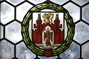 Germany, Bavaria, Munich. Detail of stained glass window in The Neues Rathaus or New Town Hall