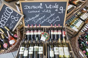 Images Dated 12th December 2013: Germany, Bavaria, Munich, Victualienmarkt, Display of German Wines