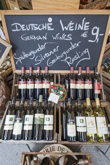 Images Dated 12th December 2013: Germany, Bavaria, Munich, Victualienmarkt, Display of German Wines
