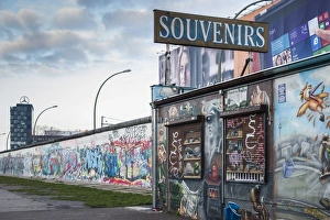 Germany, Berlin, Friendrichshain, East Side Gallery, murals on the Berlin Wall, souvenirs