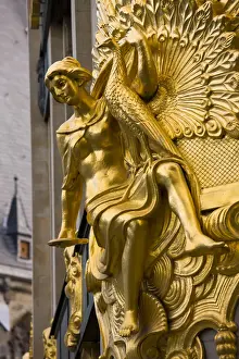 Leipzig Prints: Germany, Saxony, Leipzig, Gold statue details on Commerzbank building