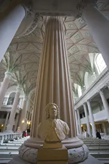 Leipzig Prints: Germany, Saxony, Leipzig, Johan Sebastian Bach bust, Nikolaikirche church