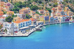 Symi Island Prints: Gialos harbour, high angle view, Symi Island, Dodecanese Islands, Greece