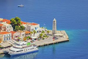 Symi Island Prints: Gialos harbour, high angle view, Symi Island, Dodecanese Islands, Greece