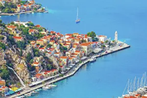 Symi Island Prints: Gialos harbour, high angle view, Symi Island, Dodecanese Islands, Greece