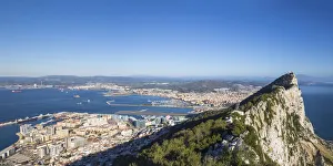 Gibraltar, View of Gibraltar rock, Gibraltar and in distance La Linea, Spain