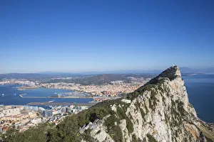 Gibraltar, View of Gibraltar rock, Gibraltar and in distance La Linea, Spain