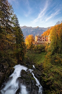 Grand Hotel Prints: Giessbach waterfall in autumn. Iseltwald, Lake Brienz, Bernese Oberland, Switzerland
