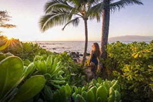 Girl Prints: A girl enjoing the sunset in Kihei beach, Maui island, Hawaii, USA (MR)