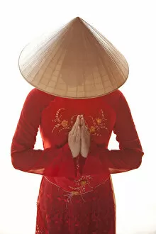 Girl wearing Ao Dai dress, Hanoi, Vietnam (MR)