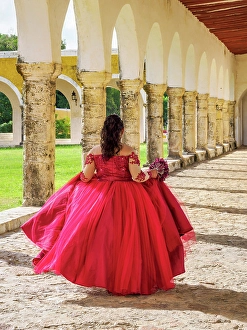 San Antonio Prints: Girl wearing a red dress at the Convent of San Antonio de Padua