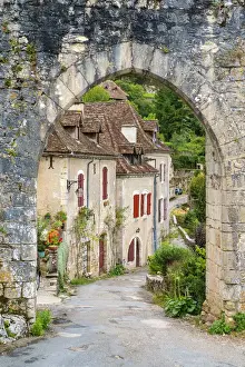 City Gate Prints: Gity gate entrance to medieval town of Saint-Cirq-Lapopie, Lot Department