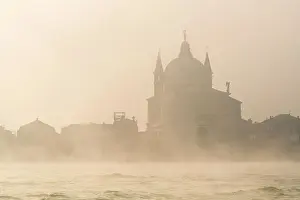Canal Prints: Giudecca Canal and Santissimo Redentore church in a foggy day, Venice, Veneto, Italy