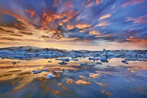 Ice Block Prints: Glacier lagoon Joekulsarlon with drift ice and Vatnajoekull - Iceland, Eastern Region