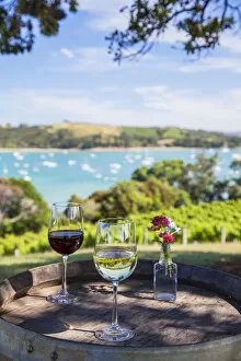 Images Dated 27th February 2014: Glasses of wine at Goldie Room Vineyard and Restaurant, Waiheke Island, Auckland