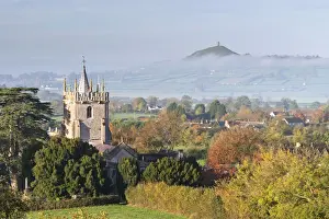 November Prints: Glastonbury Tor and West Pennard Church on a misty autumn morning, Somerset, England