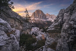 A glimpse of the Tofane in the Ampezzo Dolomites during a dramatic autumn sunset
