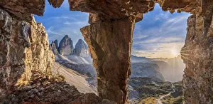 glimpse on the Tre Cime di Lavaredo from a war cave, sexten dolomites, south tyrol